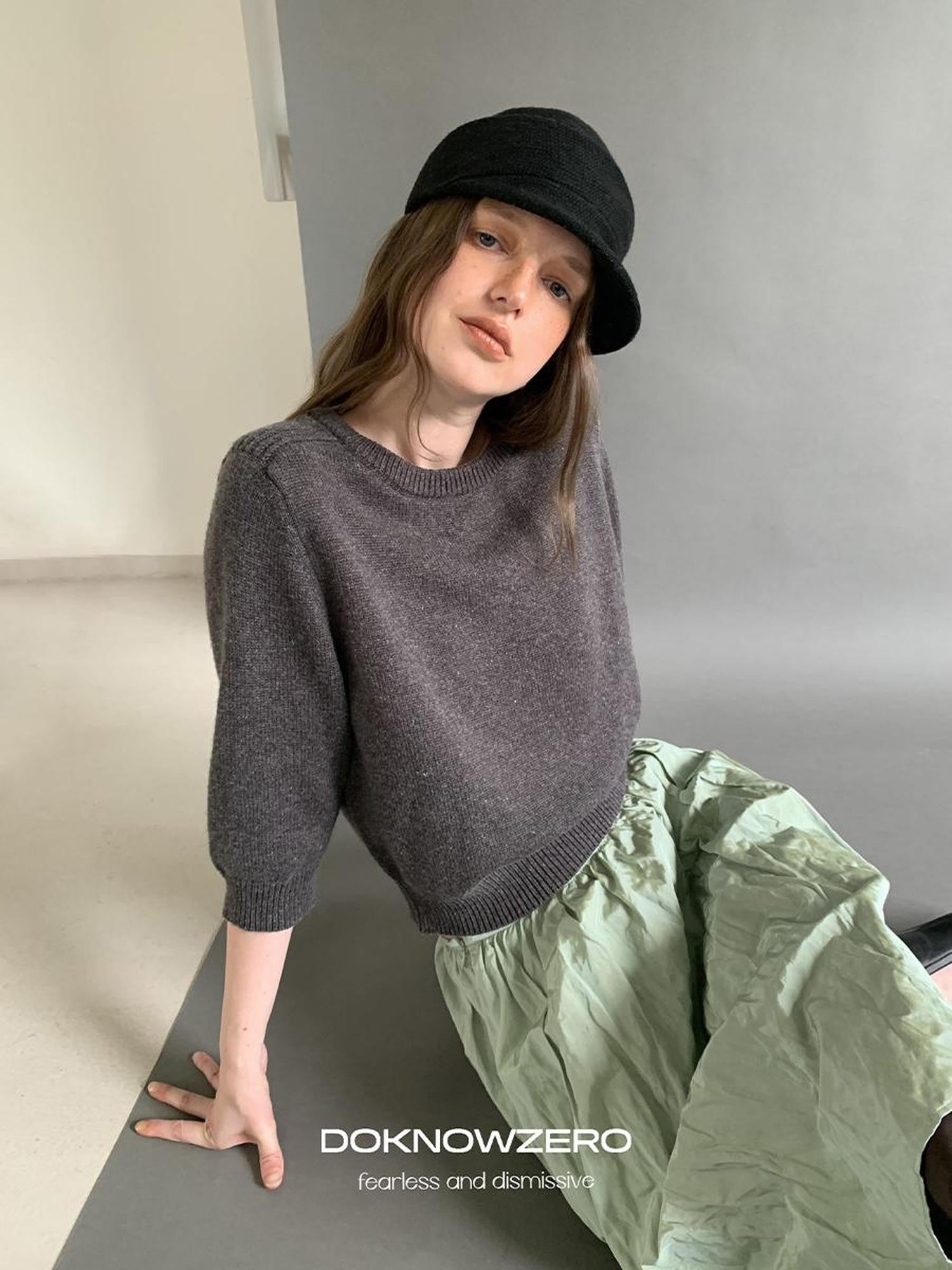 DKZ OFFICIAL Solid Vintage Knit Crew Neck 3 4 Sleeve Women&