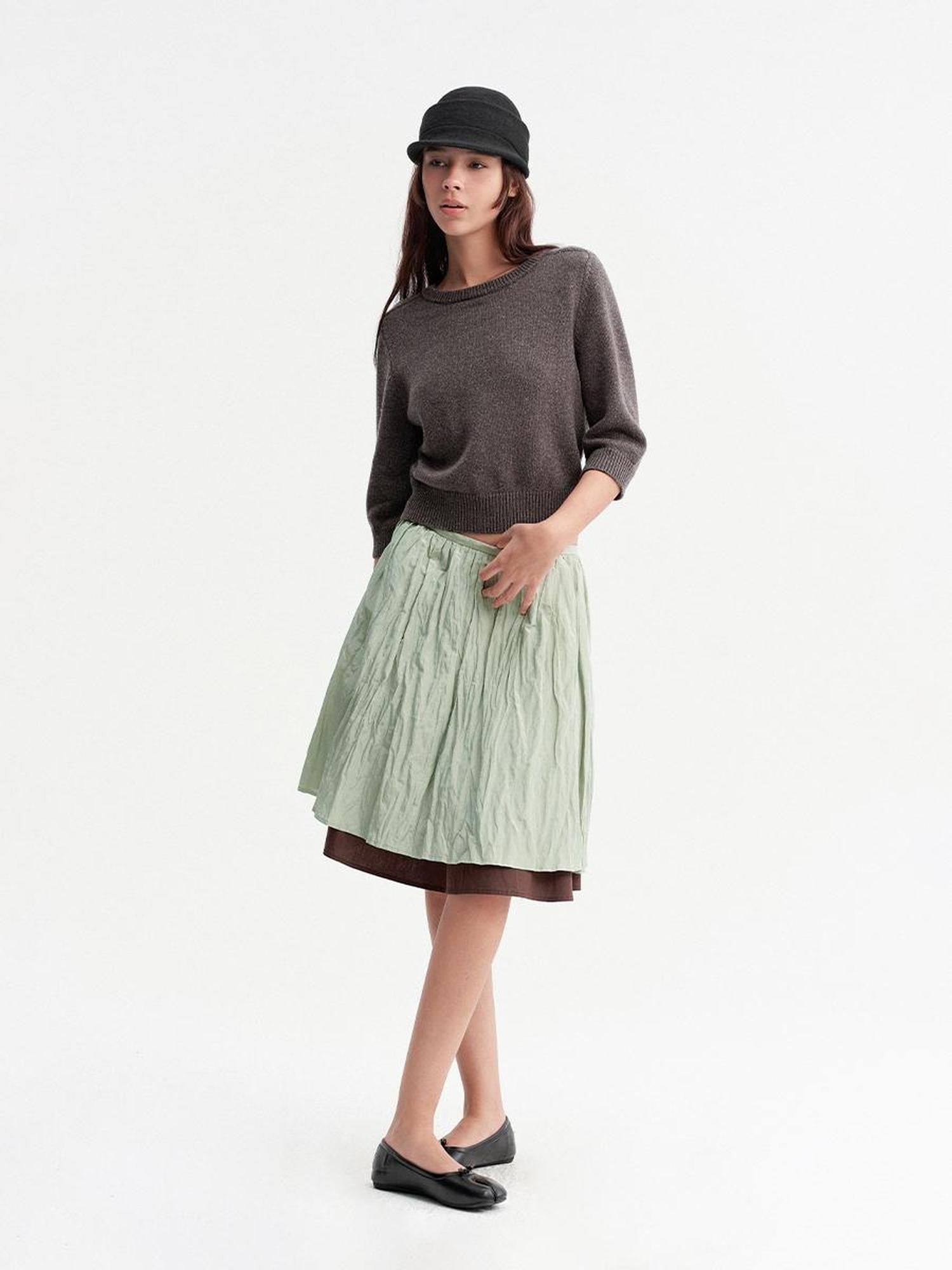 DKZ OFFICIAL Solid Vintage Knit Crew Neck 3 4 Sleeve Women&
