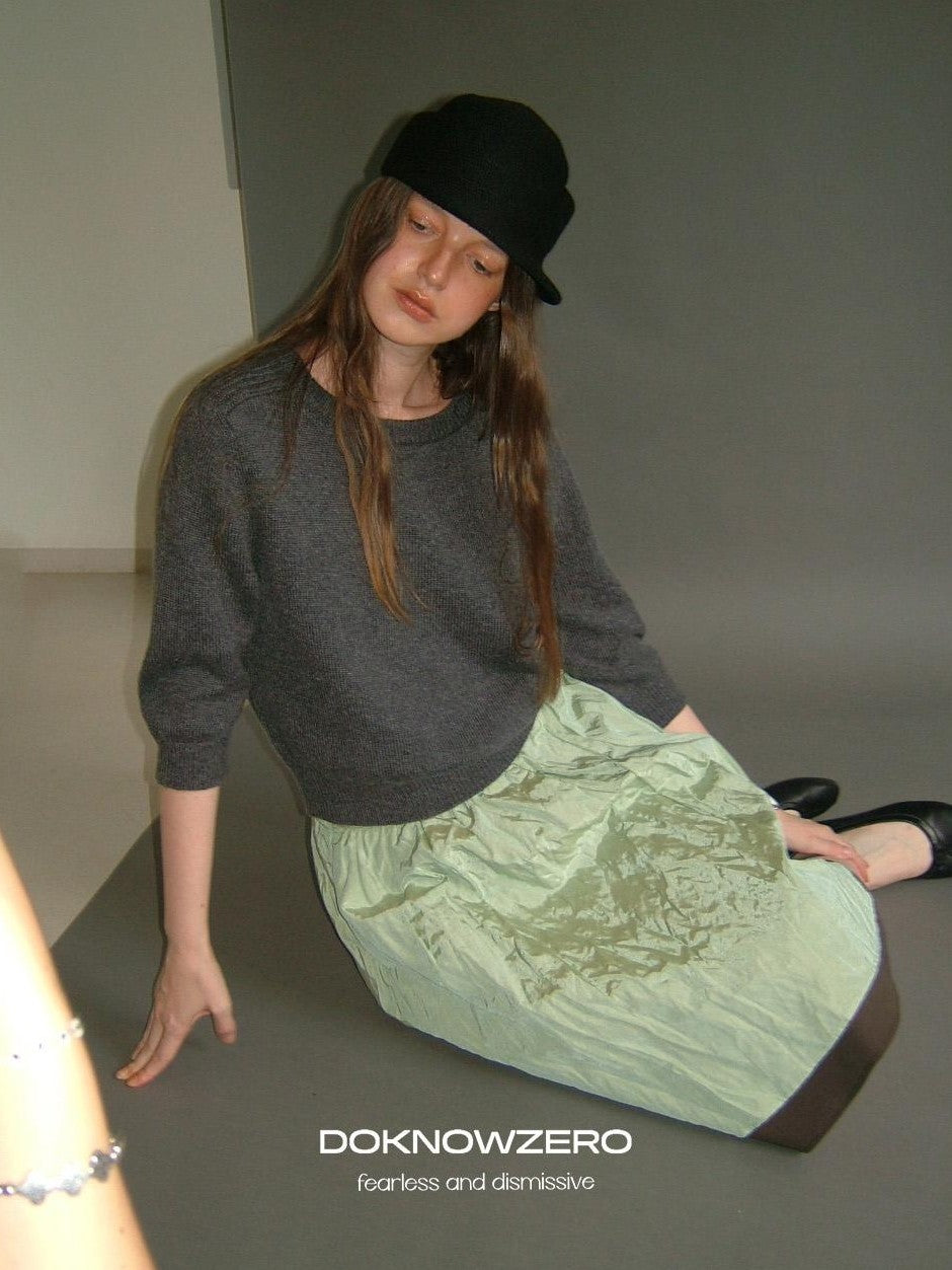 DKZ OFFICIAL Solid Vintage Knit Crew Neck 3 4 Sleeve Women&