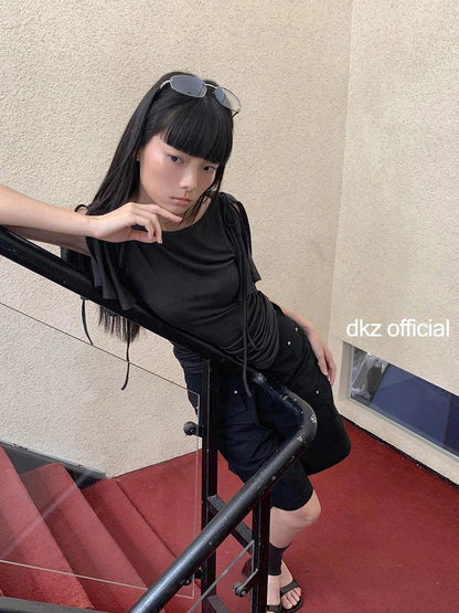 DKZ OFFICIAL Split Ballet Sleeve Boat Neck T-shirt