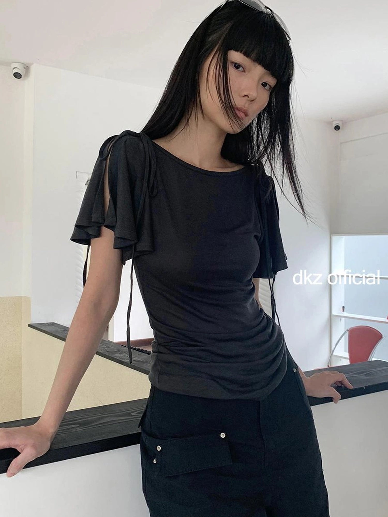 DKZ OFFICIAL Split Ballet Sleeve Boat Neck T-shirt