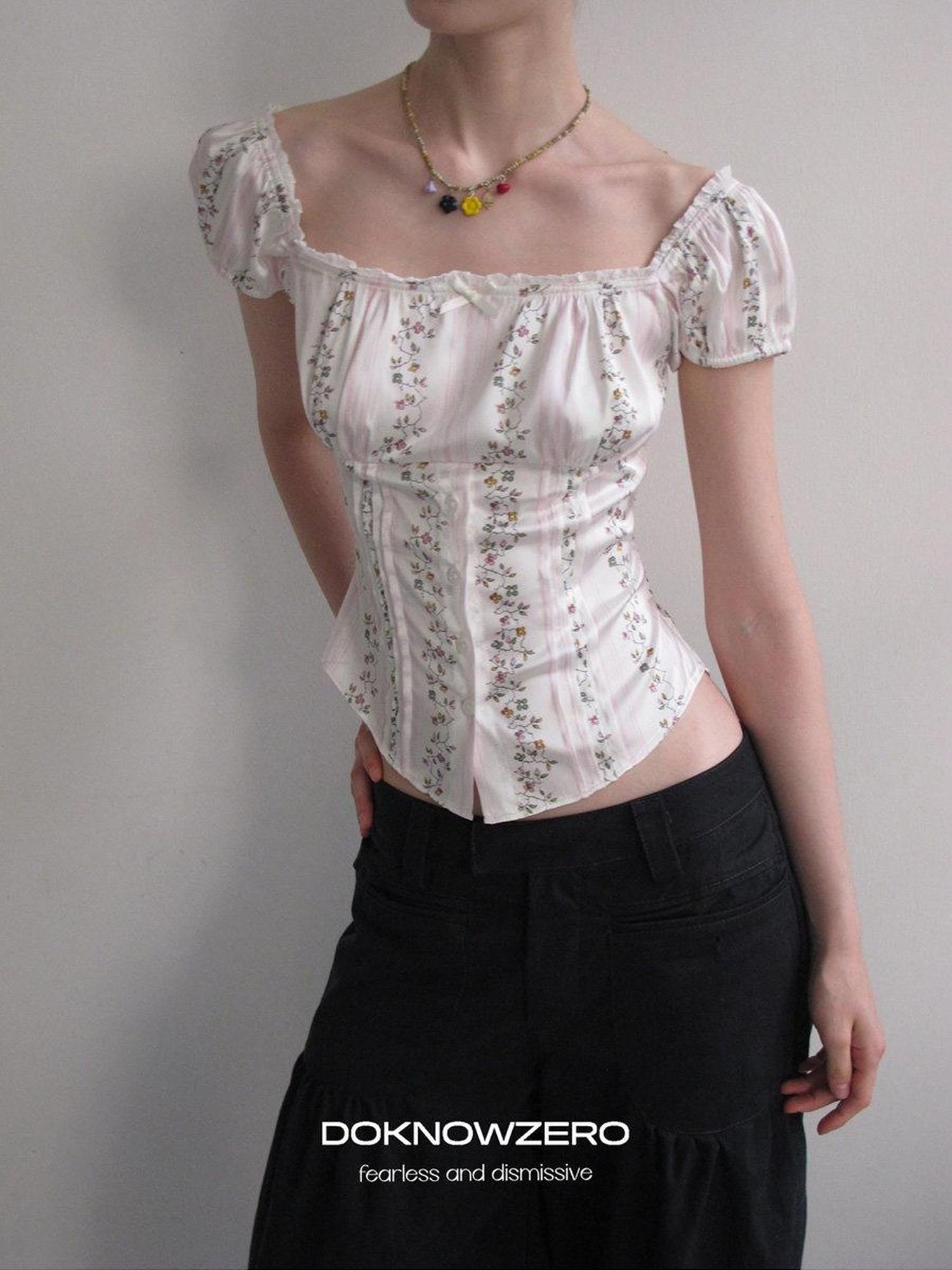 DKZ OFFICIAL Square Neck Printed Slim Fit Puff Sleeve Women&