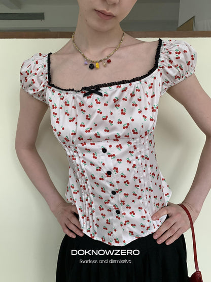 DKZ OFFICIAL Square Neck Printed Slim Fit Puff Sleeve Women&