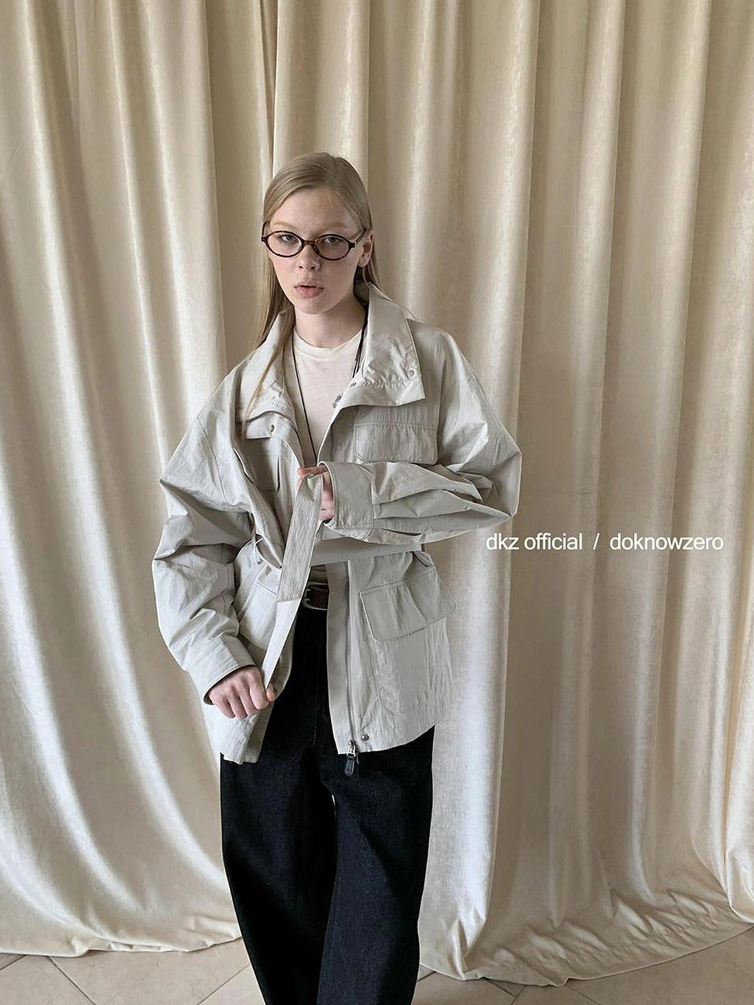DKZ OFFICIAL Stand Up Collar Drawstring Windbreaker With Multi Pockets