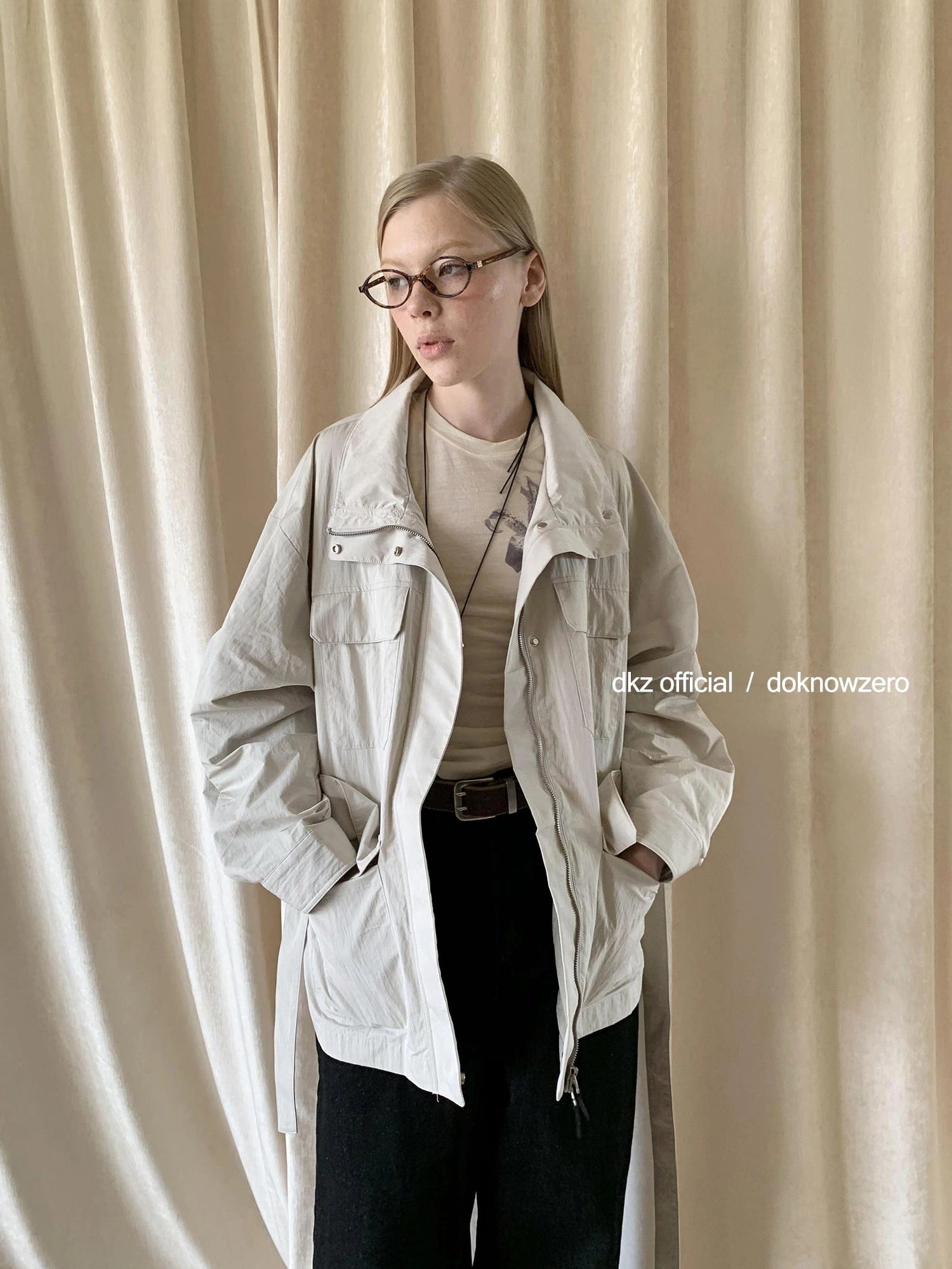 DKZ OFFICIAL Stand Up Collar Drawstring Windbreaker With Multi Pockets