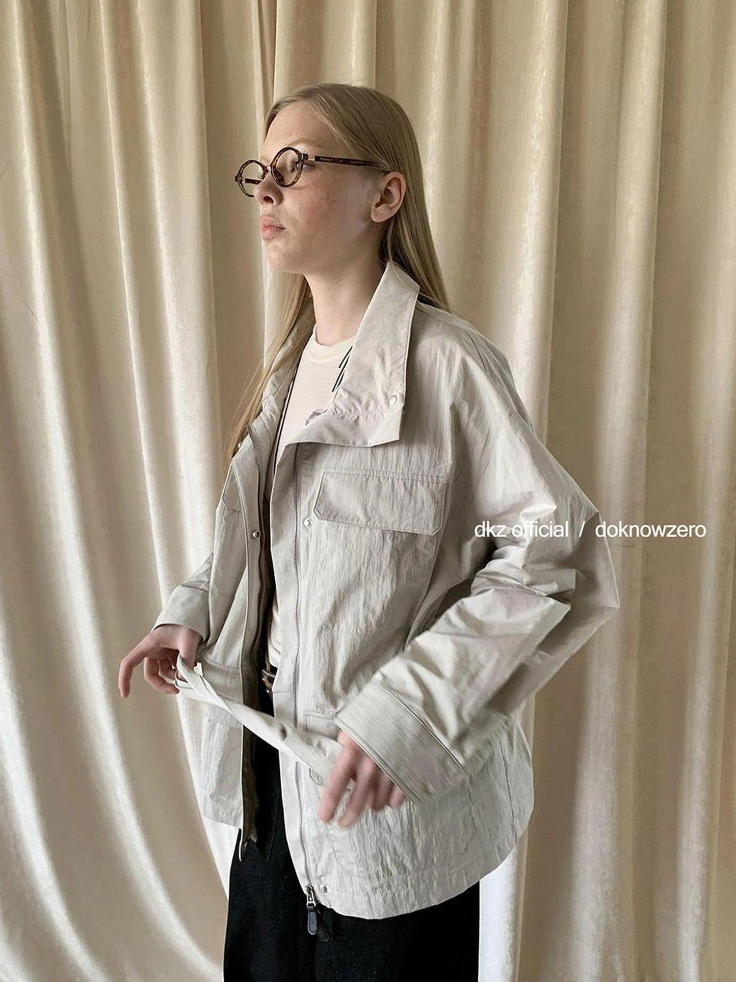 DKZ OFFICIAL Stand Up Collar Drawstring Windbreaker With Multi Pockets