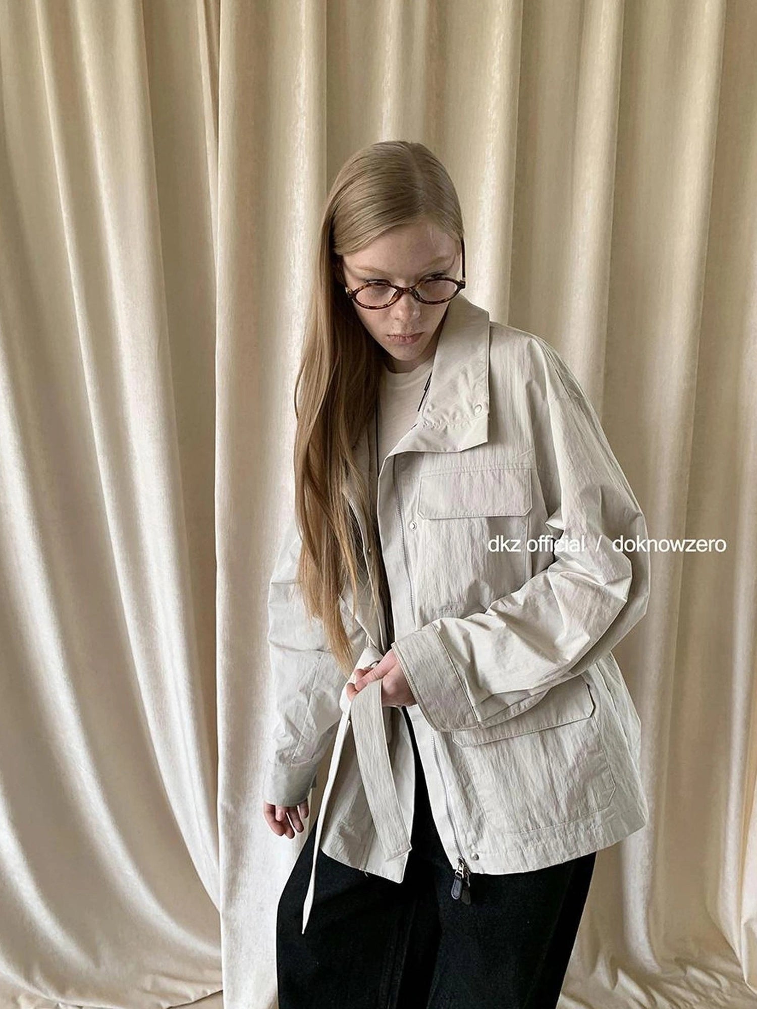 DKZ OFFICIAL Stand Up Collar Drawstring Windbreaker With Multi Pockets