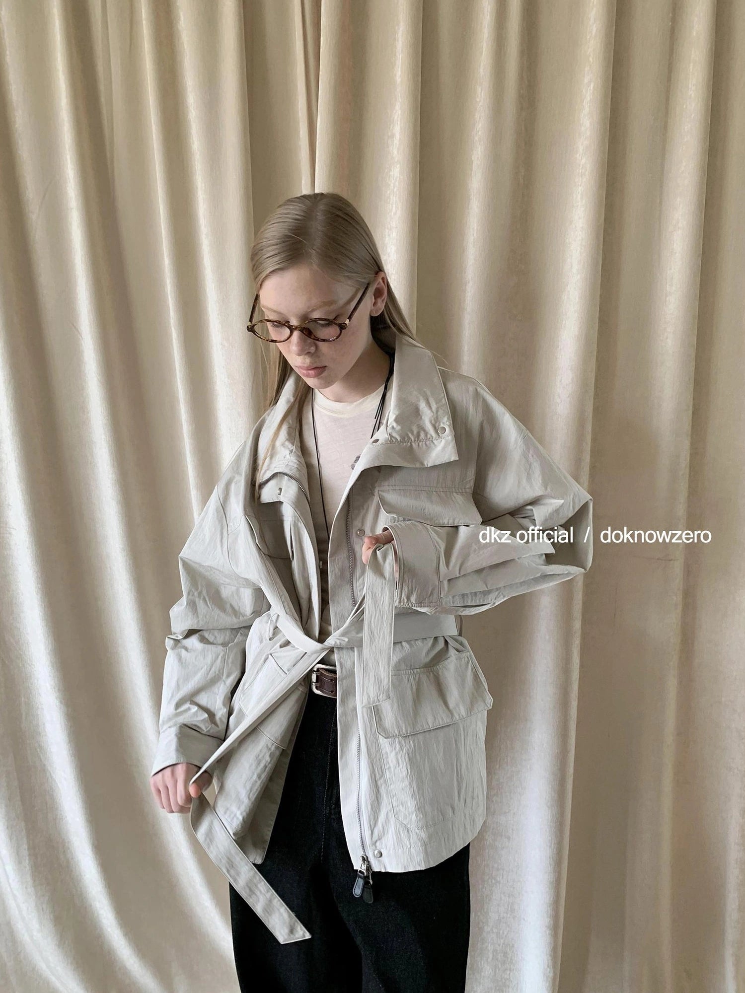 DKZ OFFICIAL Stand Up Collar Drawstring Windbreaker With Multi Pockets