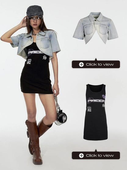 DKZ OFFICIAL Strap Neckline Slip Dress With Edgy Biker Print