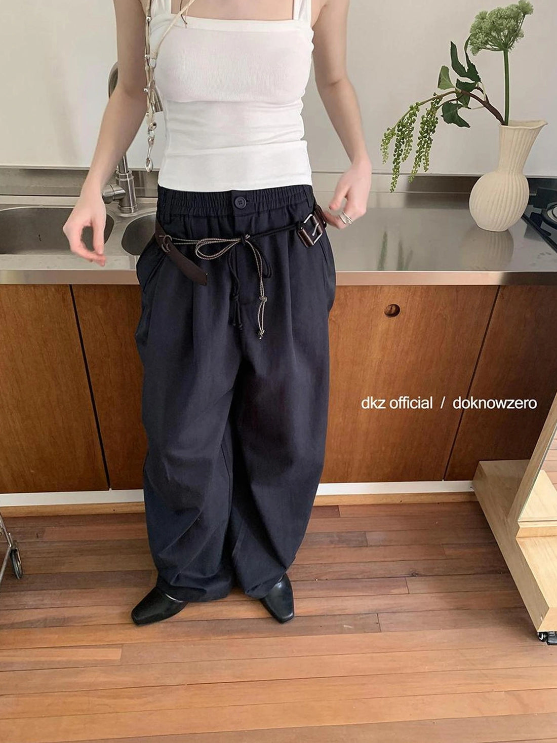 DKZ OFFICIAL Stretch Waist Linen Blend Wide Leg Pants