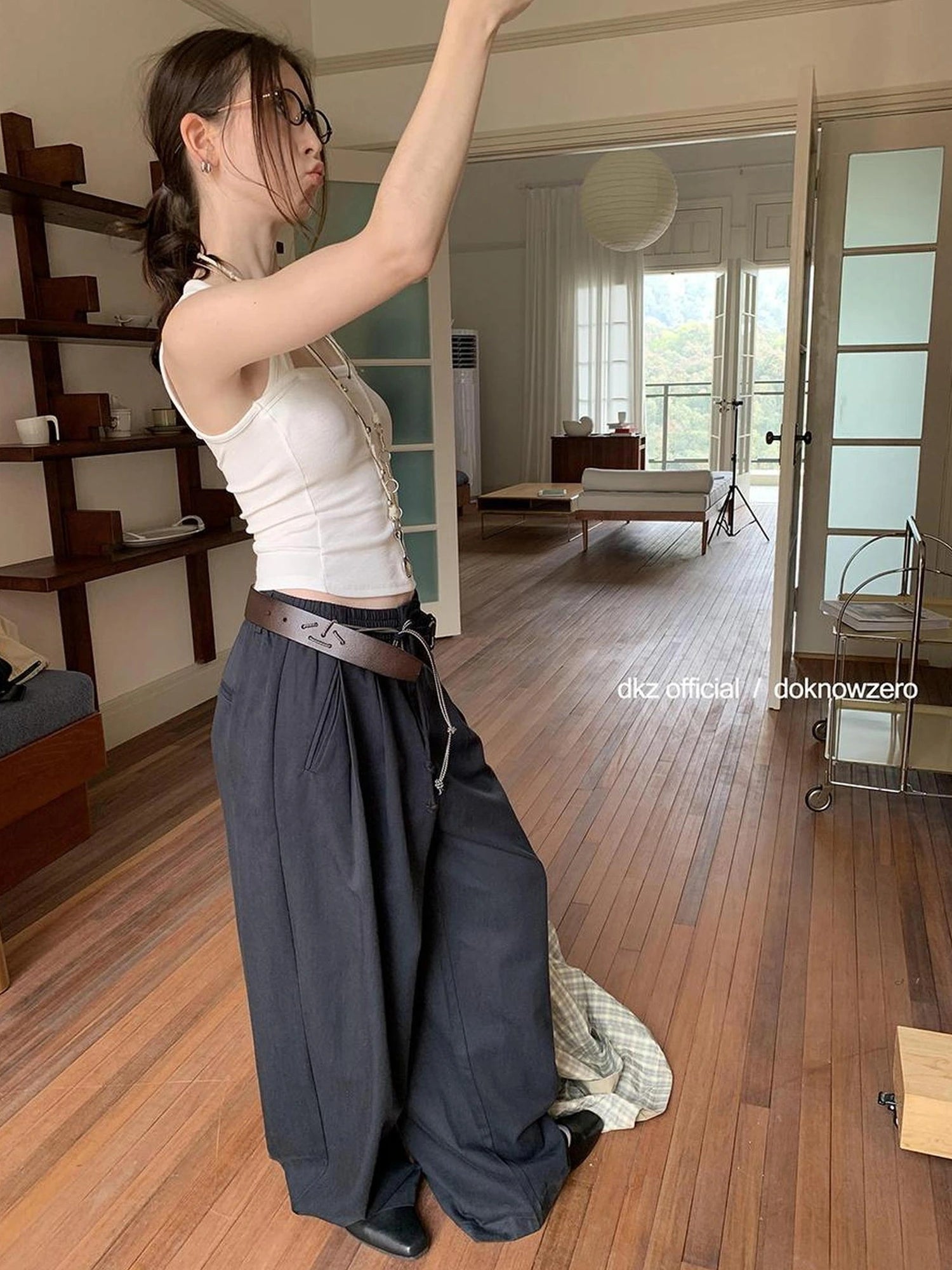 DKZ OFFICIAL Stretch Waist Linen Blend Wide Leg Pants