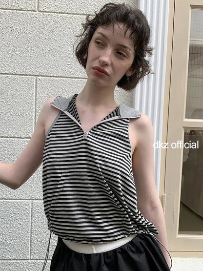 DKZ OFFICIAL Striped Adjustable Hem Hooded Vest Top For Women