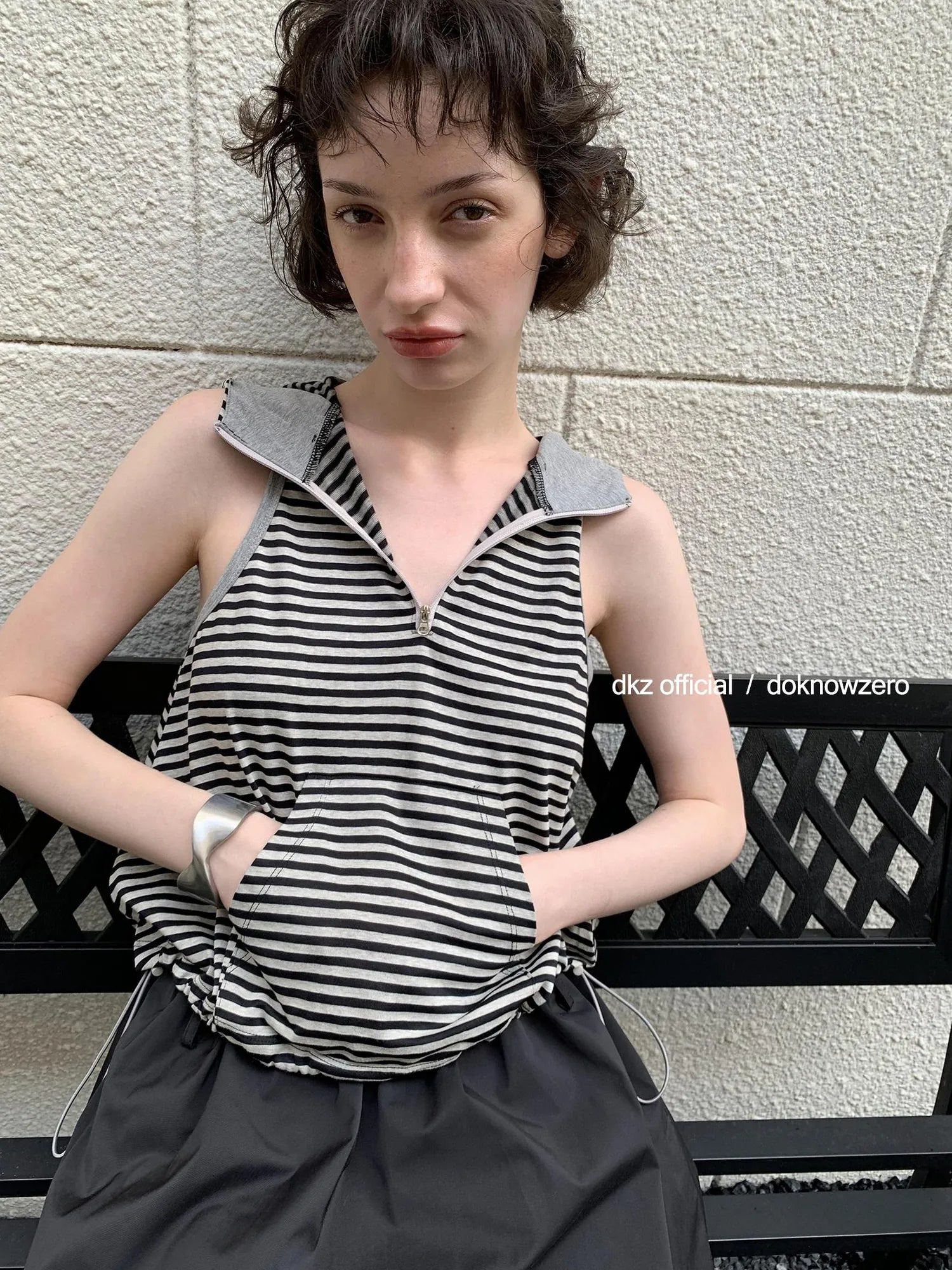 DKZ OFFICIAL Striped Adjustable Hem Hooded Vest Top For Women