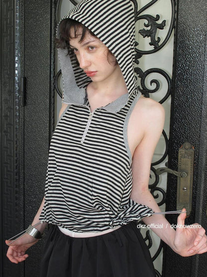 DKZ OFFICIAL Striped Adjustable Hem Hooded Vest Top For Women