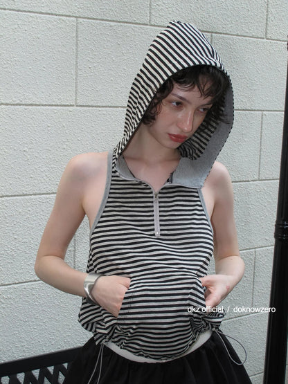 DKZ OFFICIAL Striped Adjustable Hem Hooded Vest Top For Women