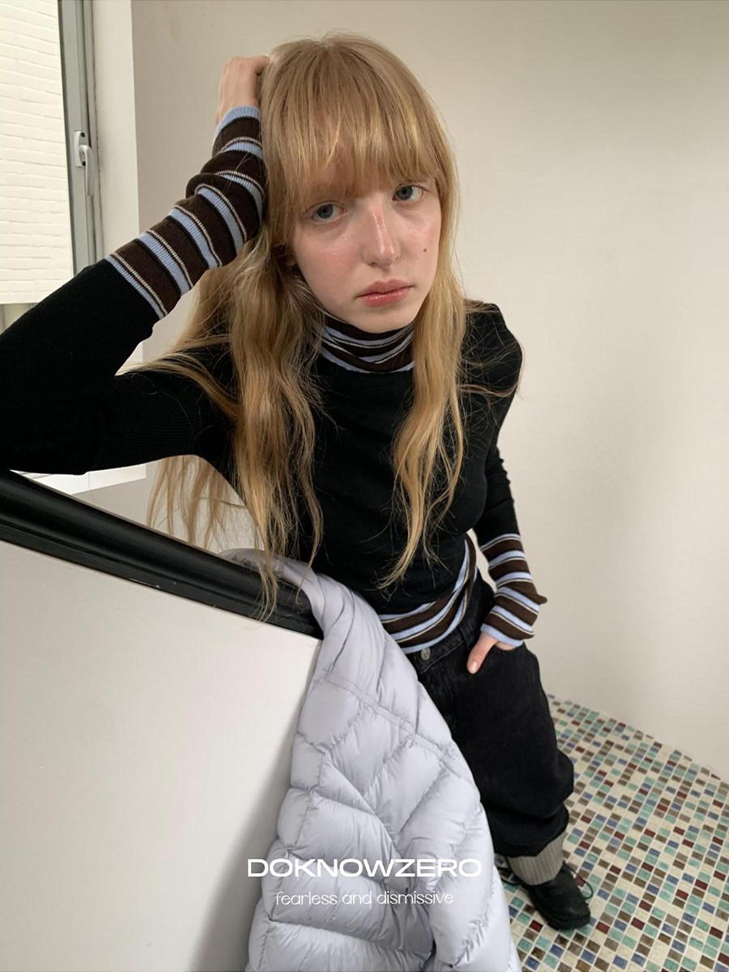 DKZ OFFICIAL Striped Contrast Patchwork High Neck Women&