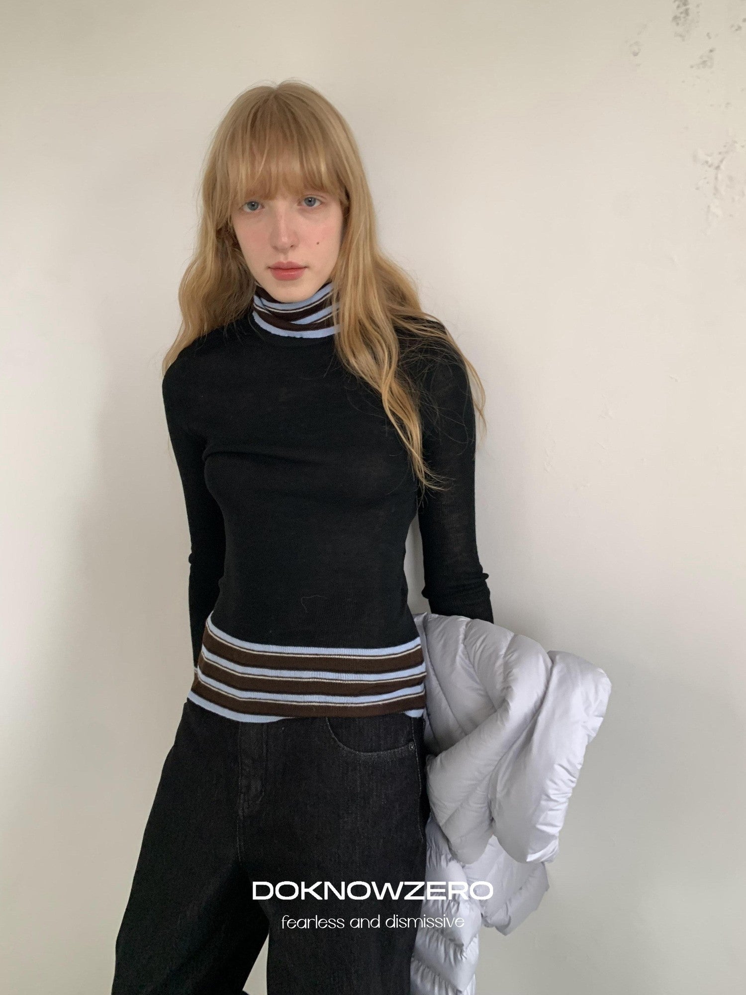 DKZ OFFICIAL Striped Contrast Patchwork High Neck Women&