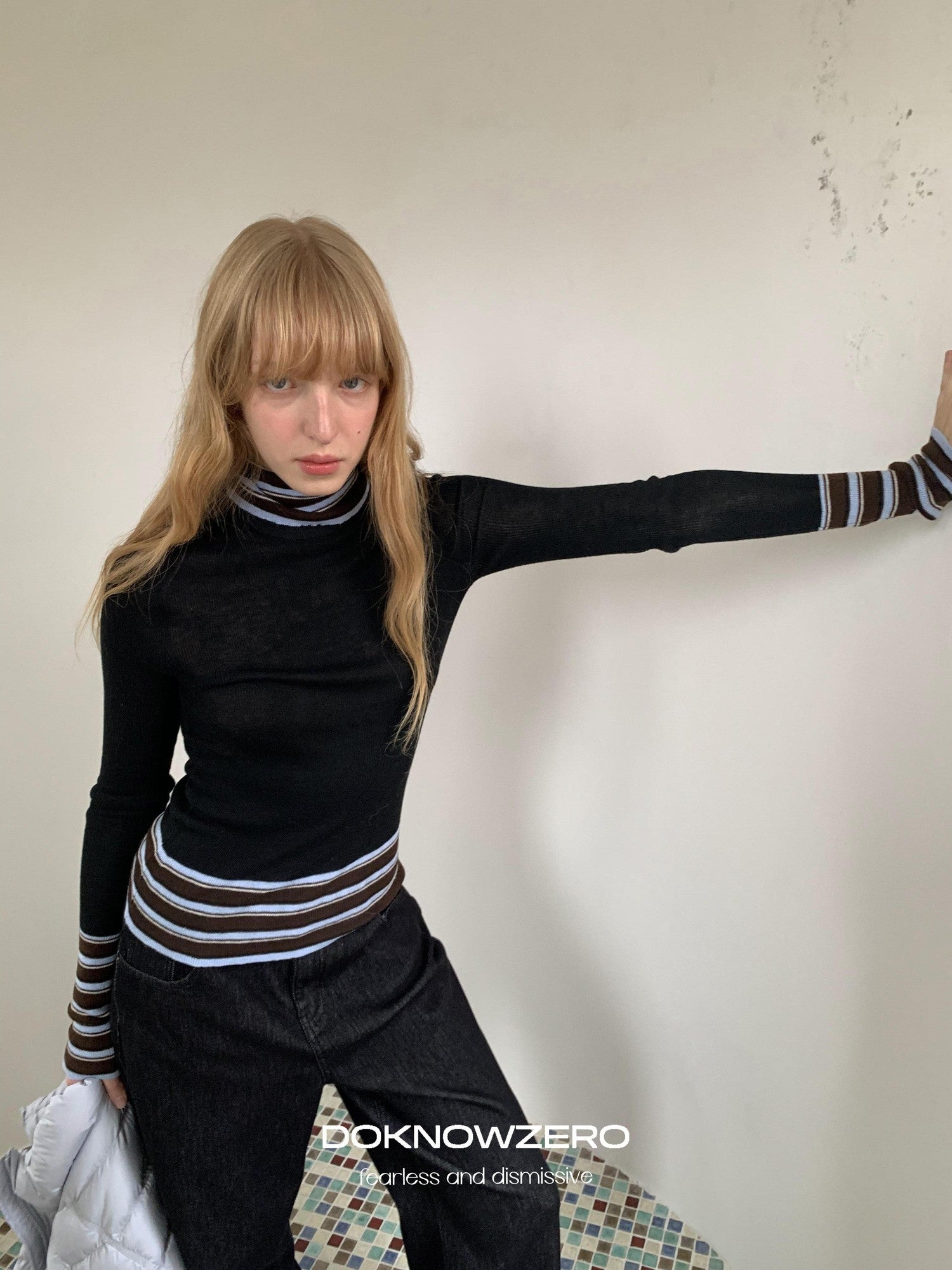 DKZ OFFICIAL Striped Contrast Patchwork High Neck Women&