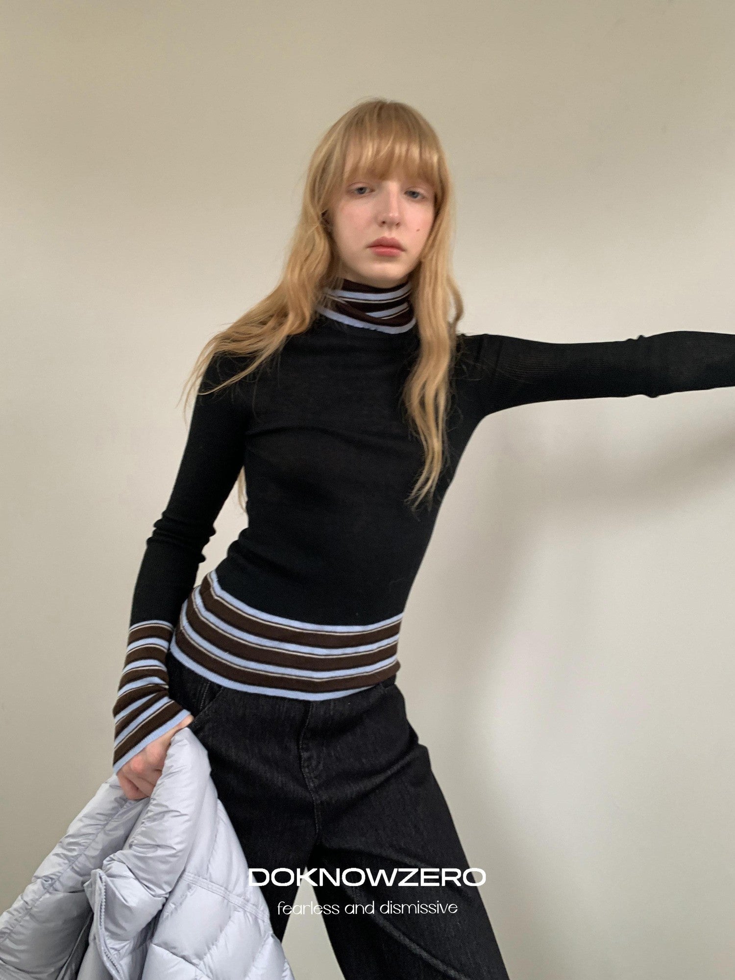 DKZ OFFICIAL Striped Contrast Patchwork High Neck Women&