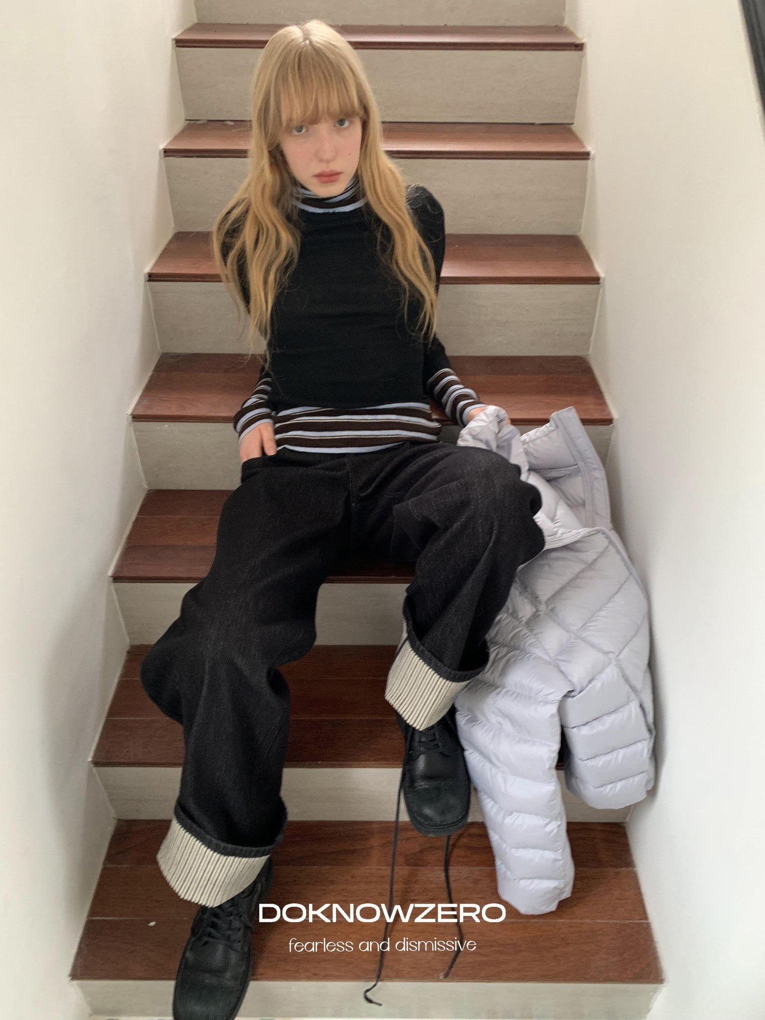DKZ OFFICIAL Striped Contrast Patchwork High Neck Women&