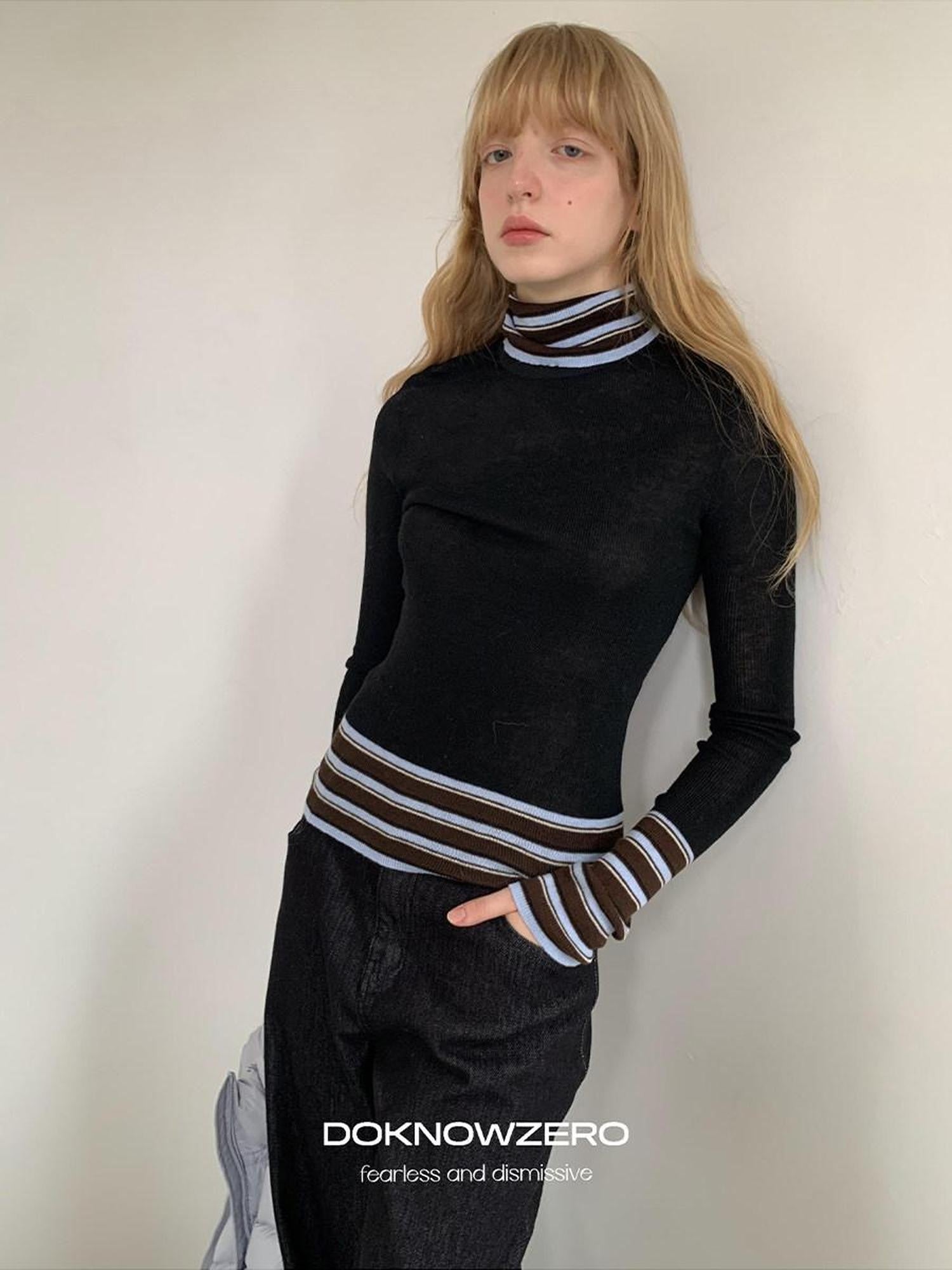 DKZ OFFICIAL Striped Contrast Patchwork High Neck Women&