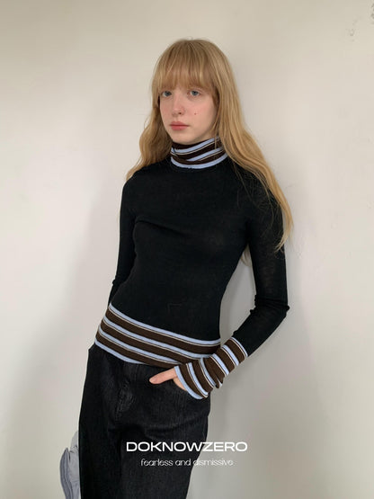 DKZ OFFICIAL Striped Contrast Patchwork High Neck Women&