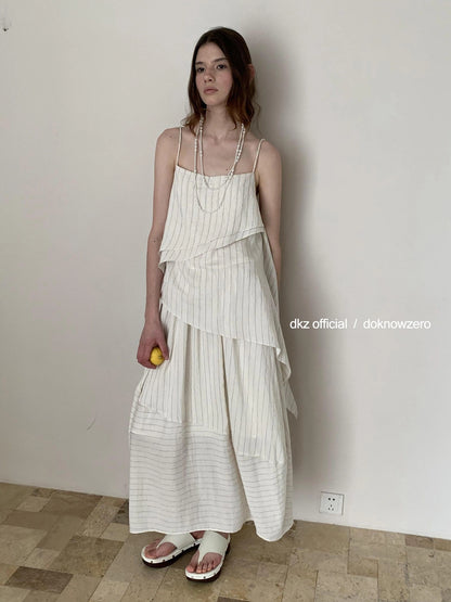DKZ OFFICIAL Striped Irregular Camisole And Flounced Skirt Two Piece Set