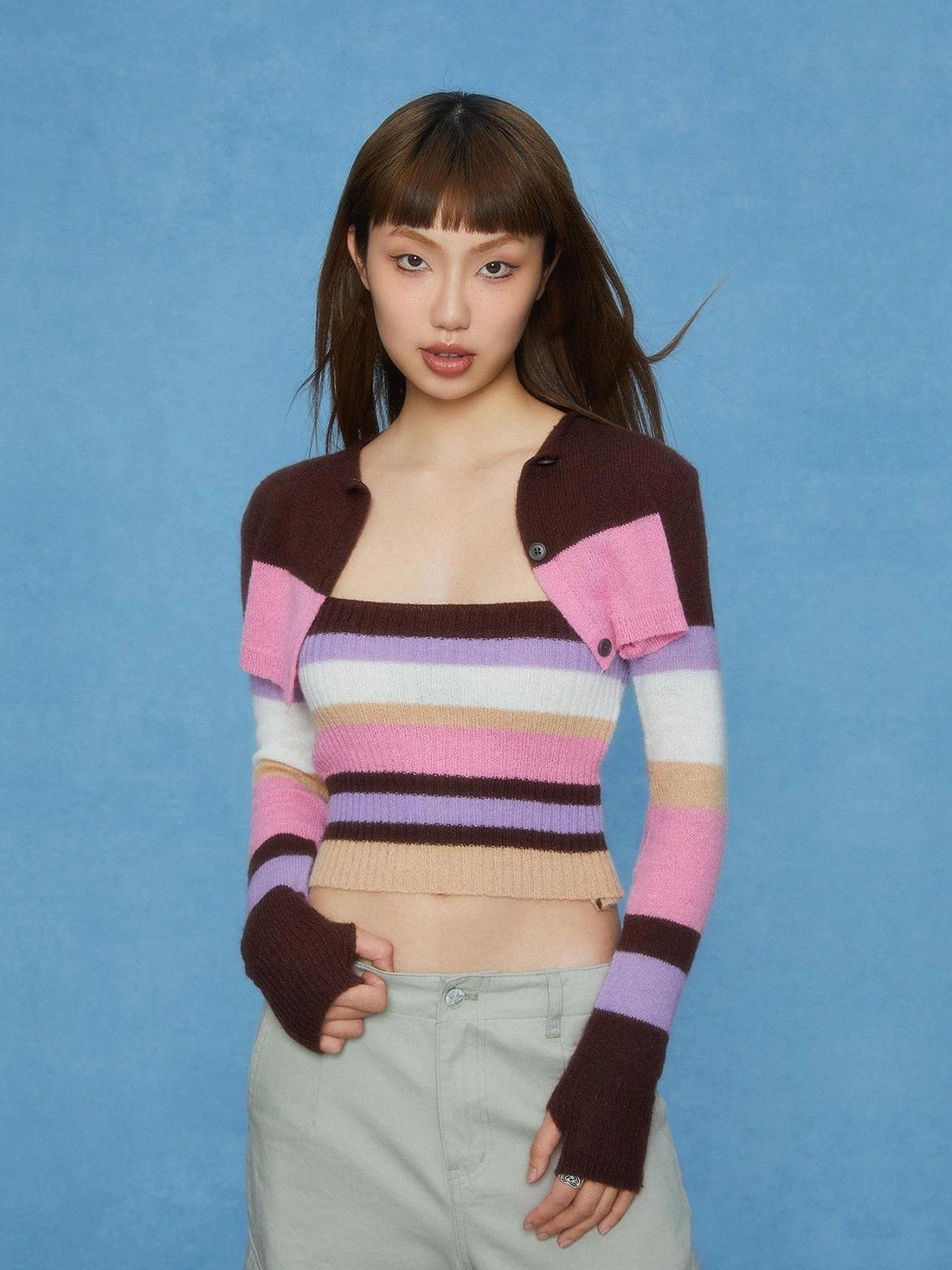 DKZ OFFICIAL Striped Knit Vest And Cardigan Two Piece Set