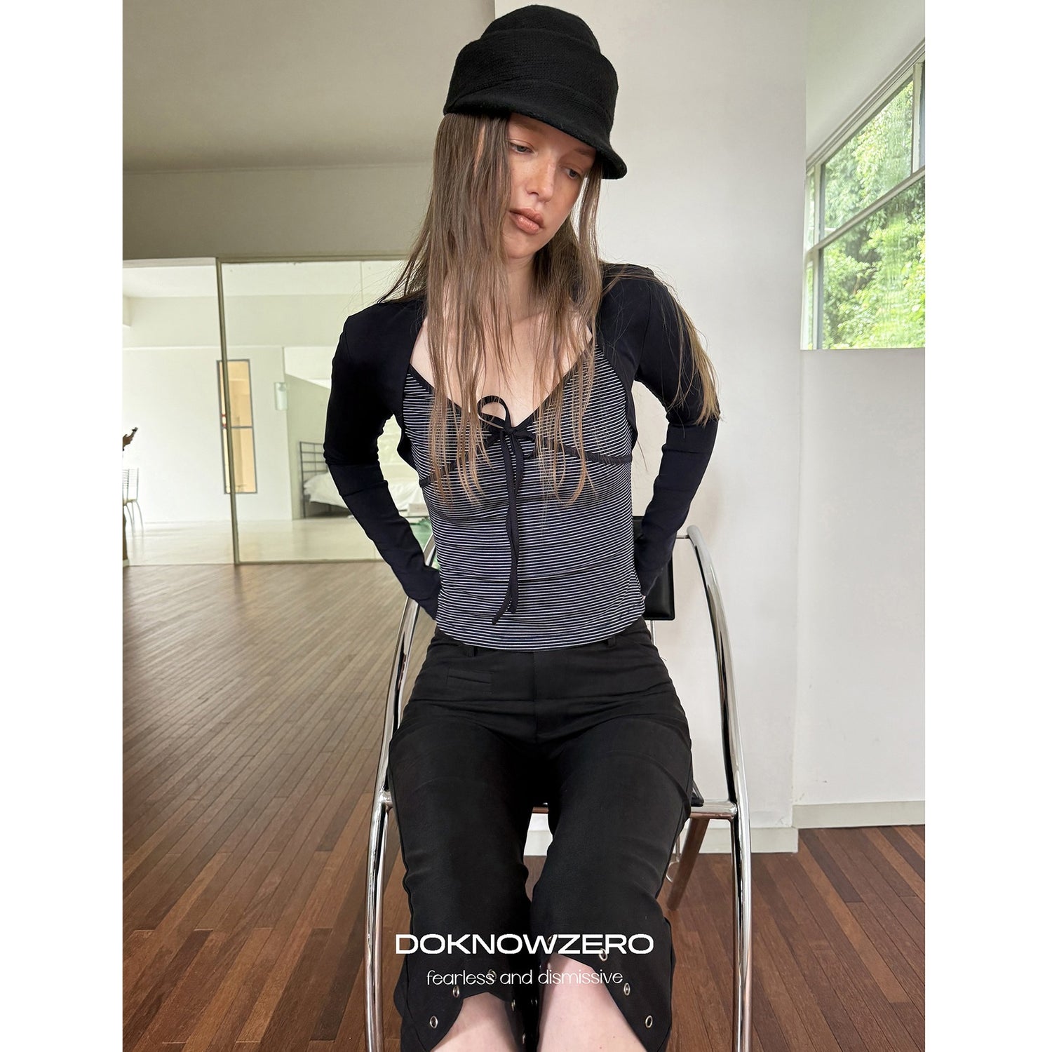 DKZ_OFFICIAL_Striped_Layered_Tie_Slim_V-neck_Women&