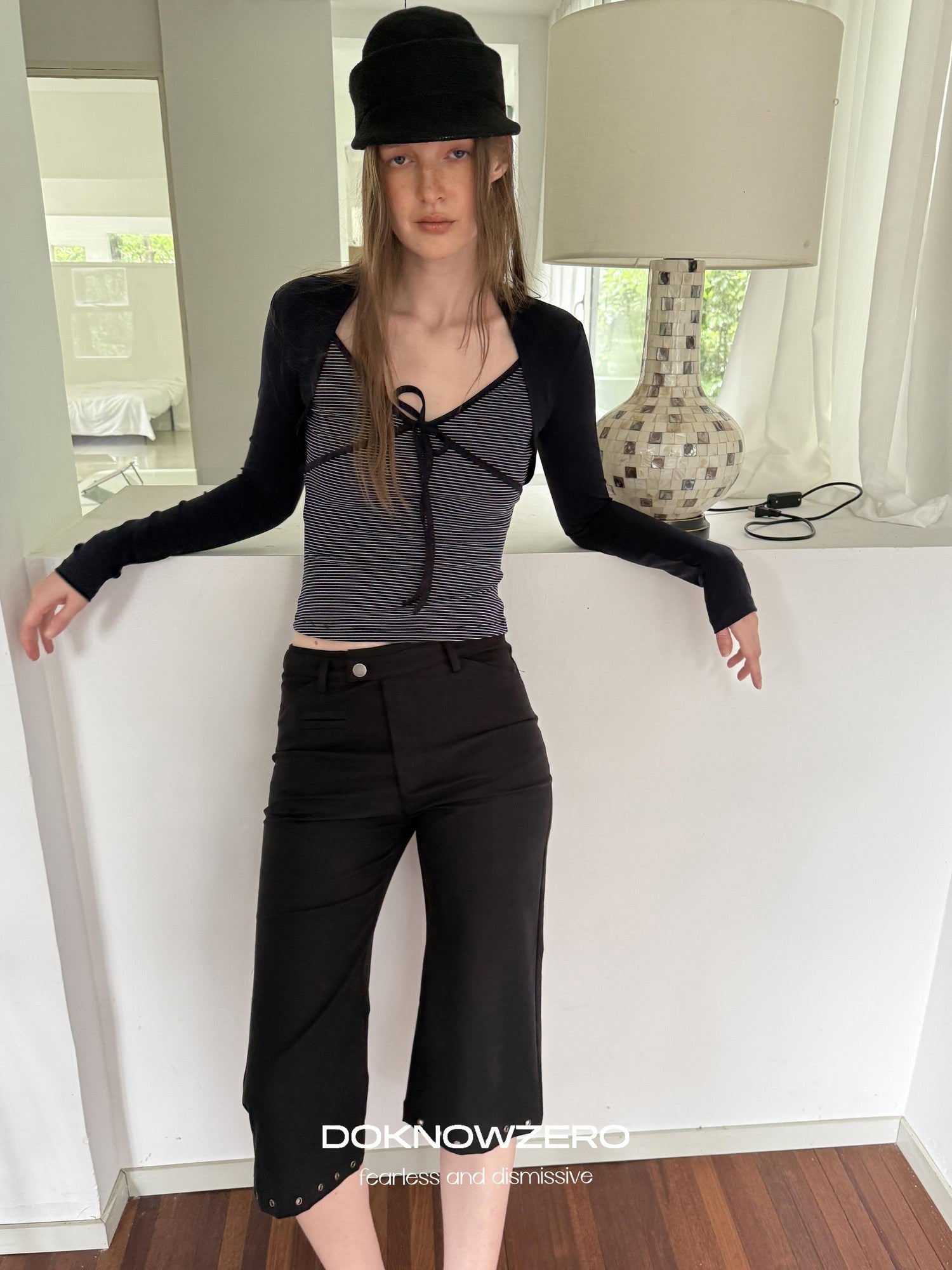 DKZ OFFICIAL Striped Layered Tie Slim V-neck Women&
