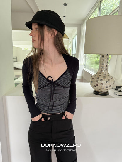 DKZ OFFICIAL Striped Layered Tie Slim V-neck Women&