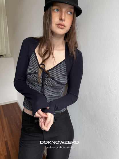 DKZ OFFICIAL Striped Layered Tie Slim V-neck Women&