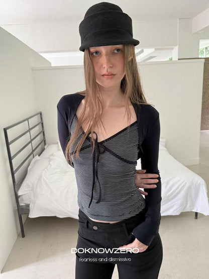 DKZ OFFICIAL Striped Layered Tie Slim V-neck Women&