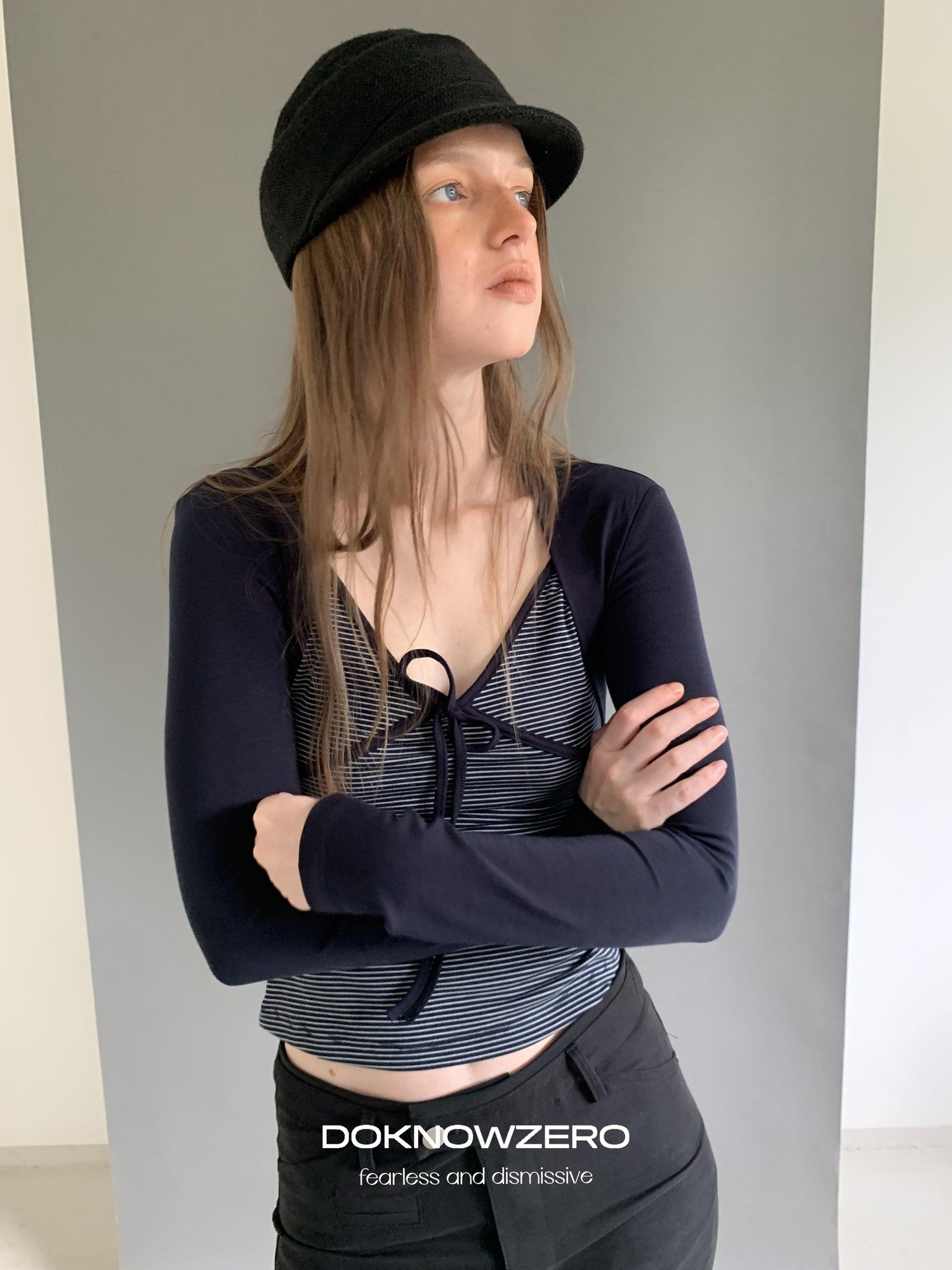 DKZ OFFICIAL Striped Layered Tie Slim V-neck Women&