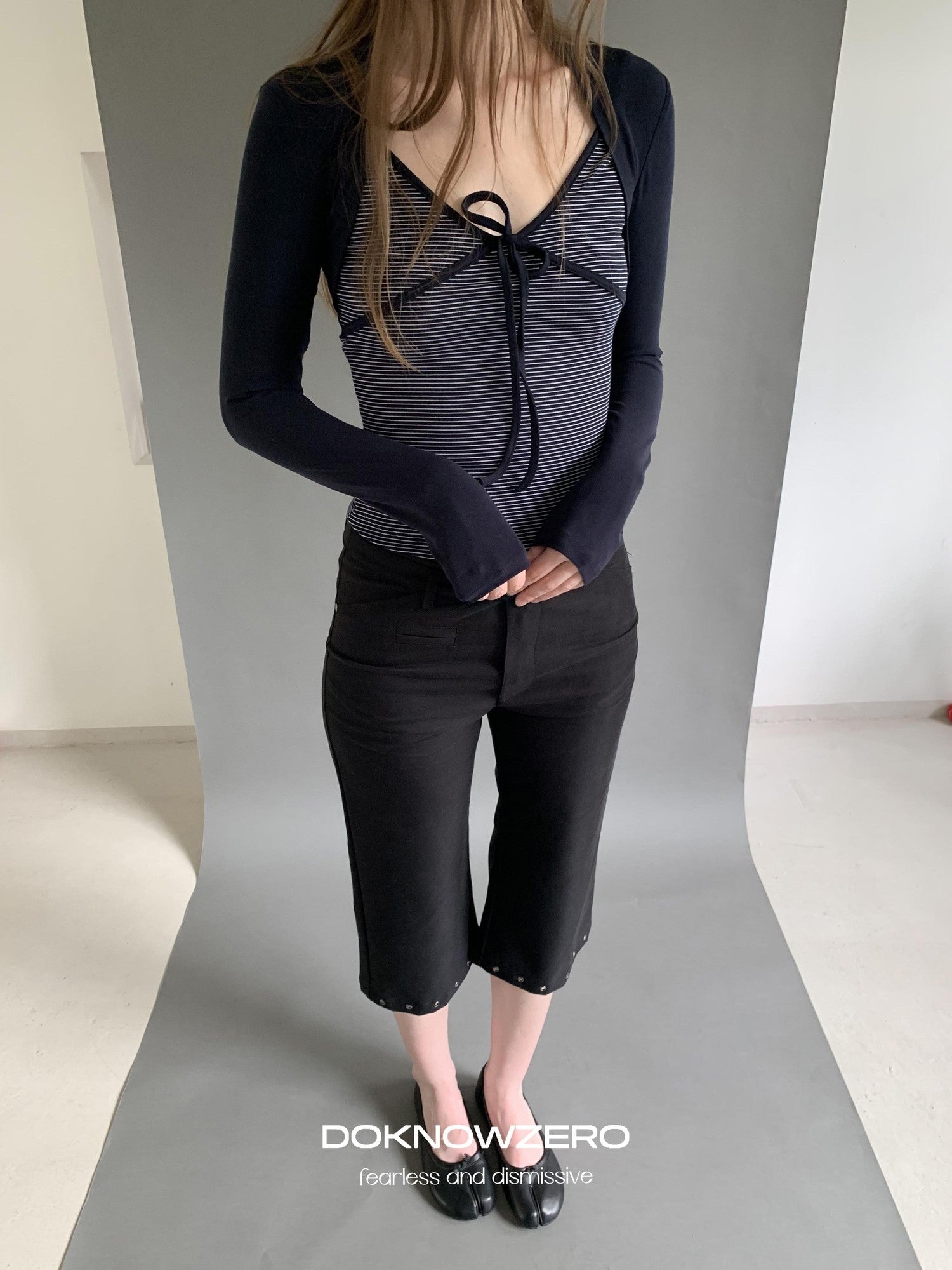 DKZ OFFICIAL Striped Layered Tie Slim V-neck Women&
