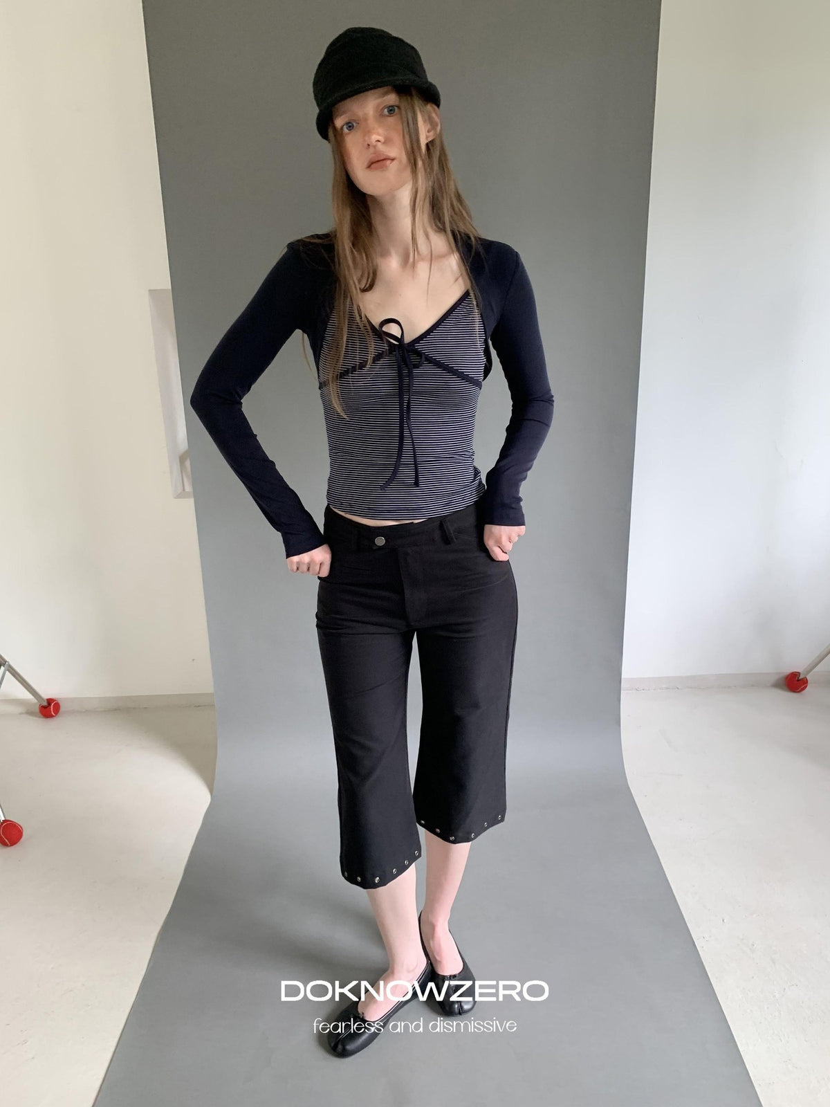 DKZ OFFICIAL Striped Layered Tie Slim V-neck Women&