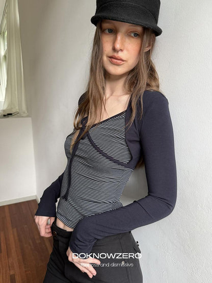 DKZ OFFICIAL Striped Layered Tie Slim V-neck Women&