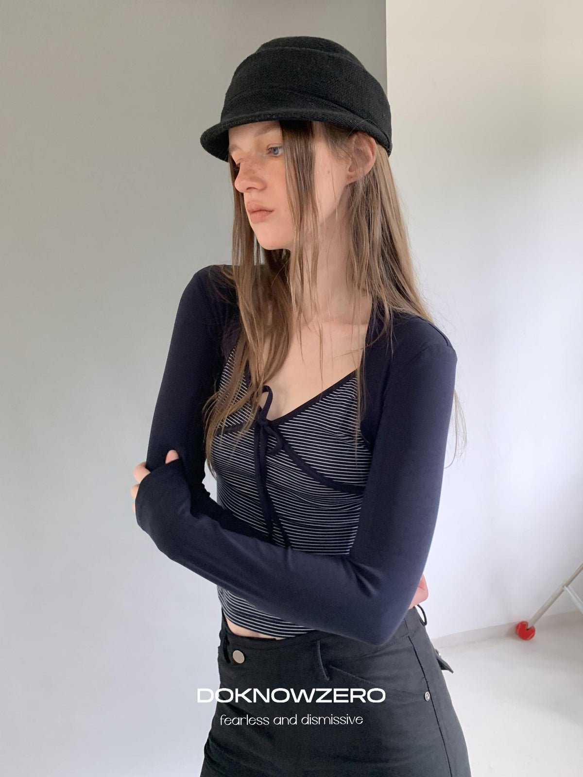DKZ OFFICIAL Striped Layered Tie Slim V-neck Women&
