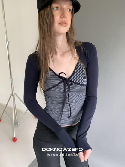 DKZ OFFICIAL Striped Layered Tie Slim V-neck Women&