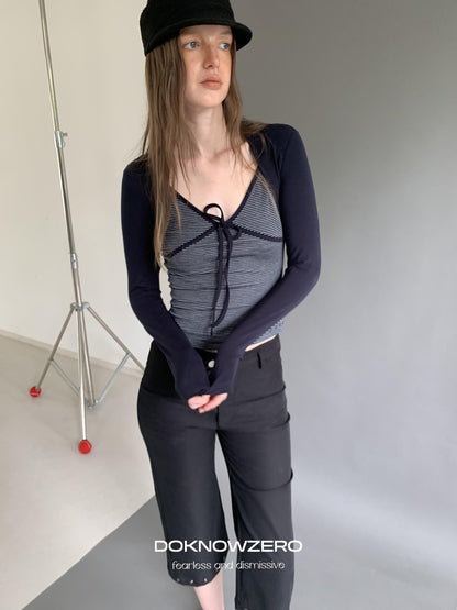 DKZ OFFICIAL Striped Layered Tie Slim V-neck Women&