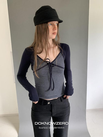 DKZ OFFICIAL Striped Layered Tie Slim V-neck Women&