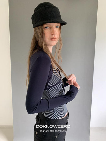 DKZ OFFICIAL Striped Layered Tie Slim V-neck Women&