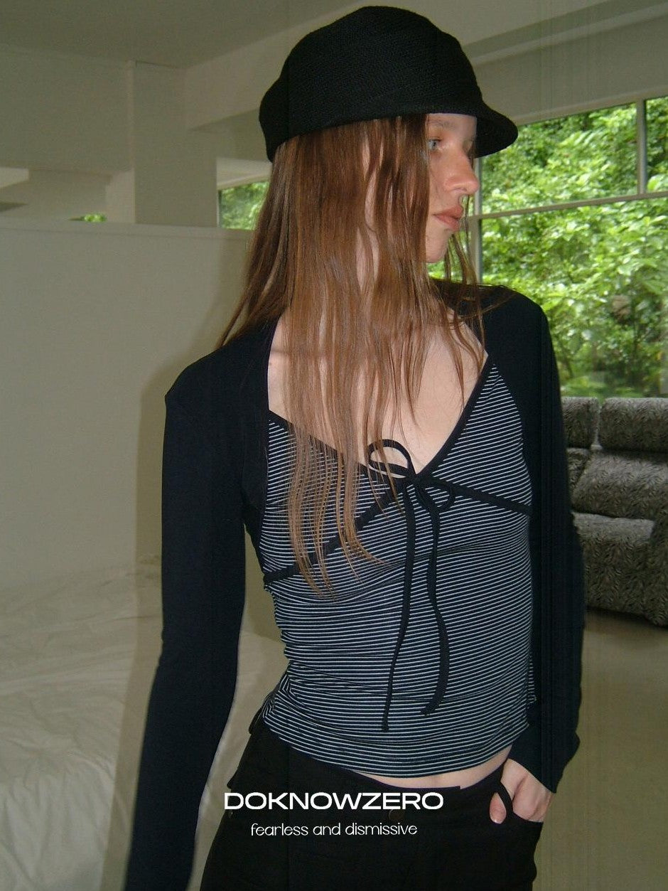 DKZ OFFICIAL Striped Layered Tie Slim V-neck Women&