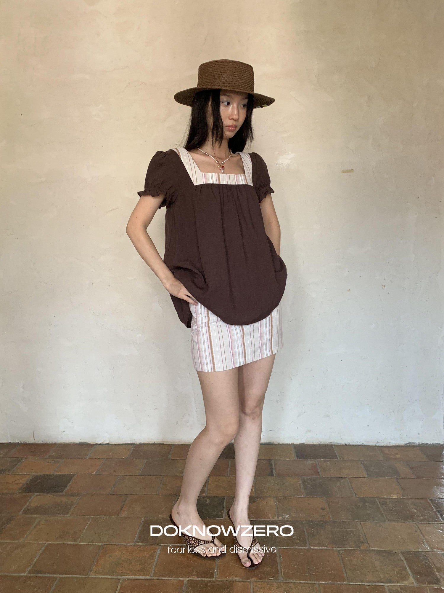 DKZ OFFICIAL Striped Patchwork Lantern Sleeve Women&