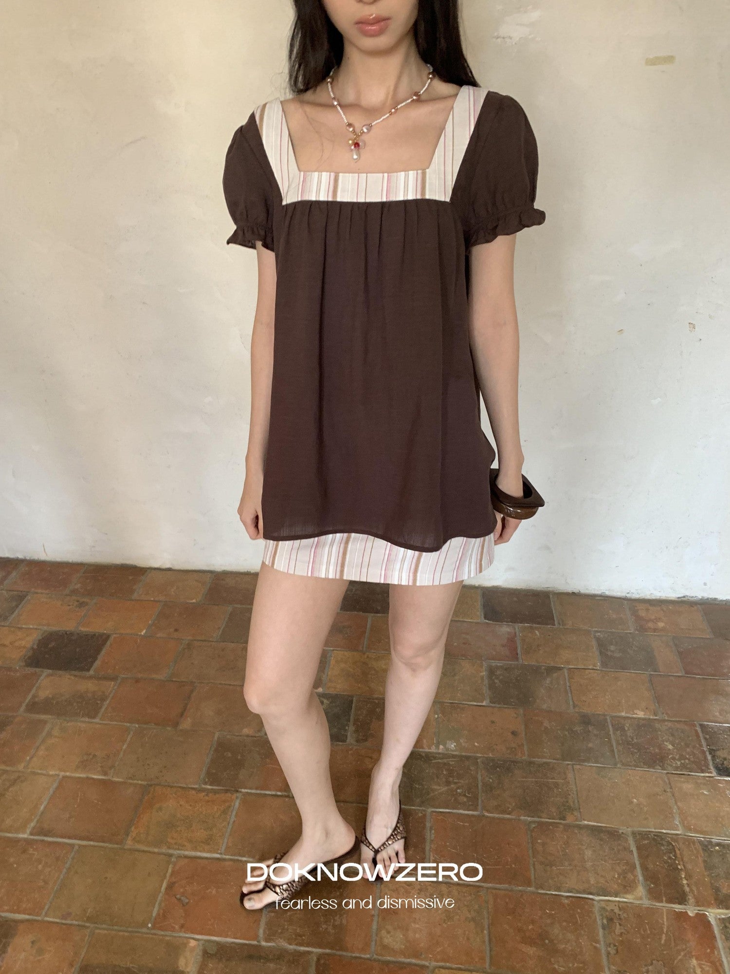 DKZ OFFICIAL Striped Patchwork Lantern Sleeve Women&