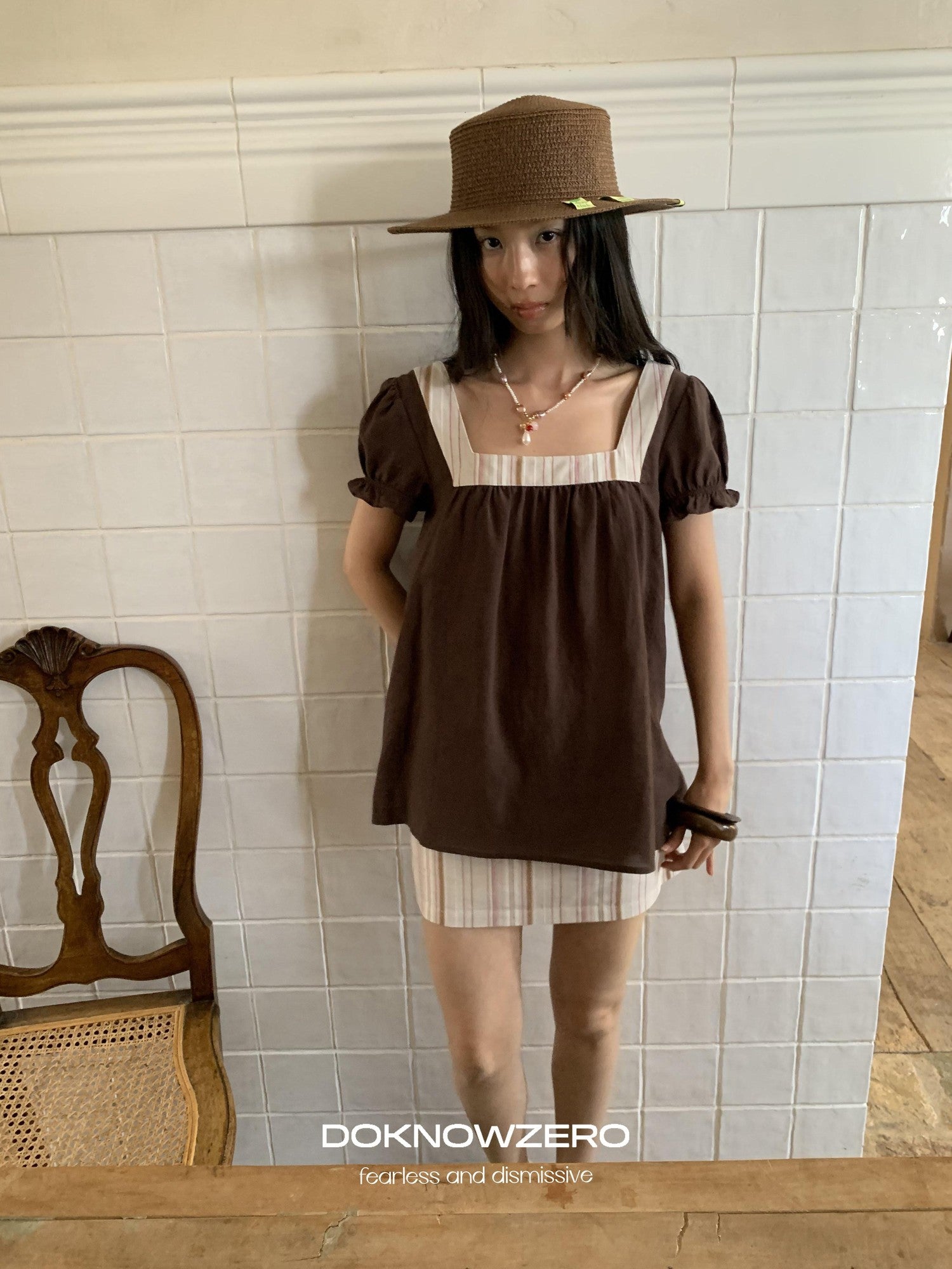 DKZ OFFICIAL Striped Patchwork Lantern Sleeve Women&