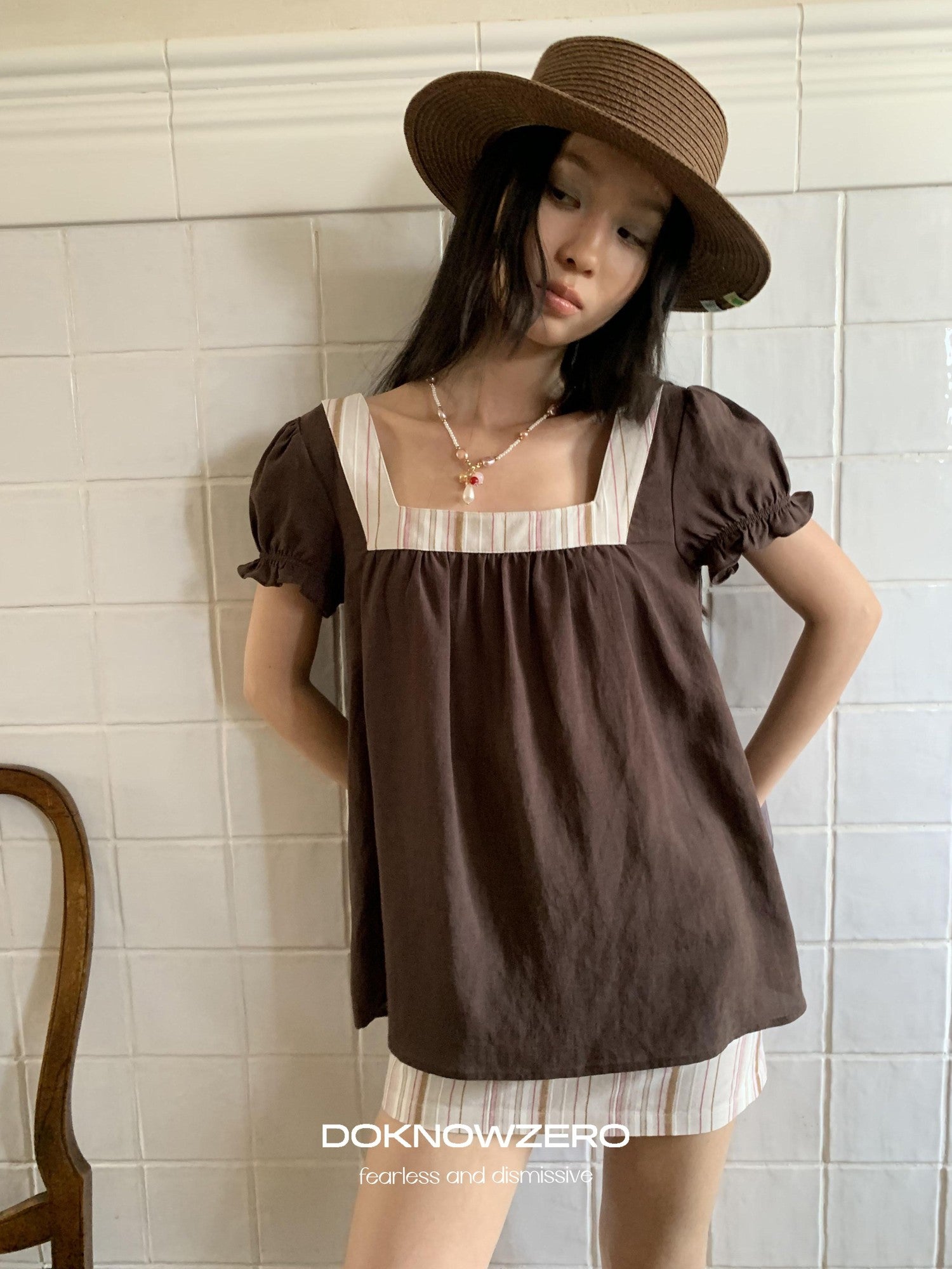 DKZ OFFICIAL Striped Patchwork Lantern Sleeve Women&