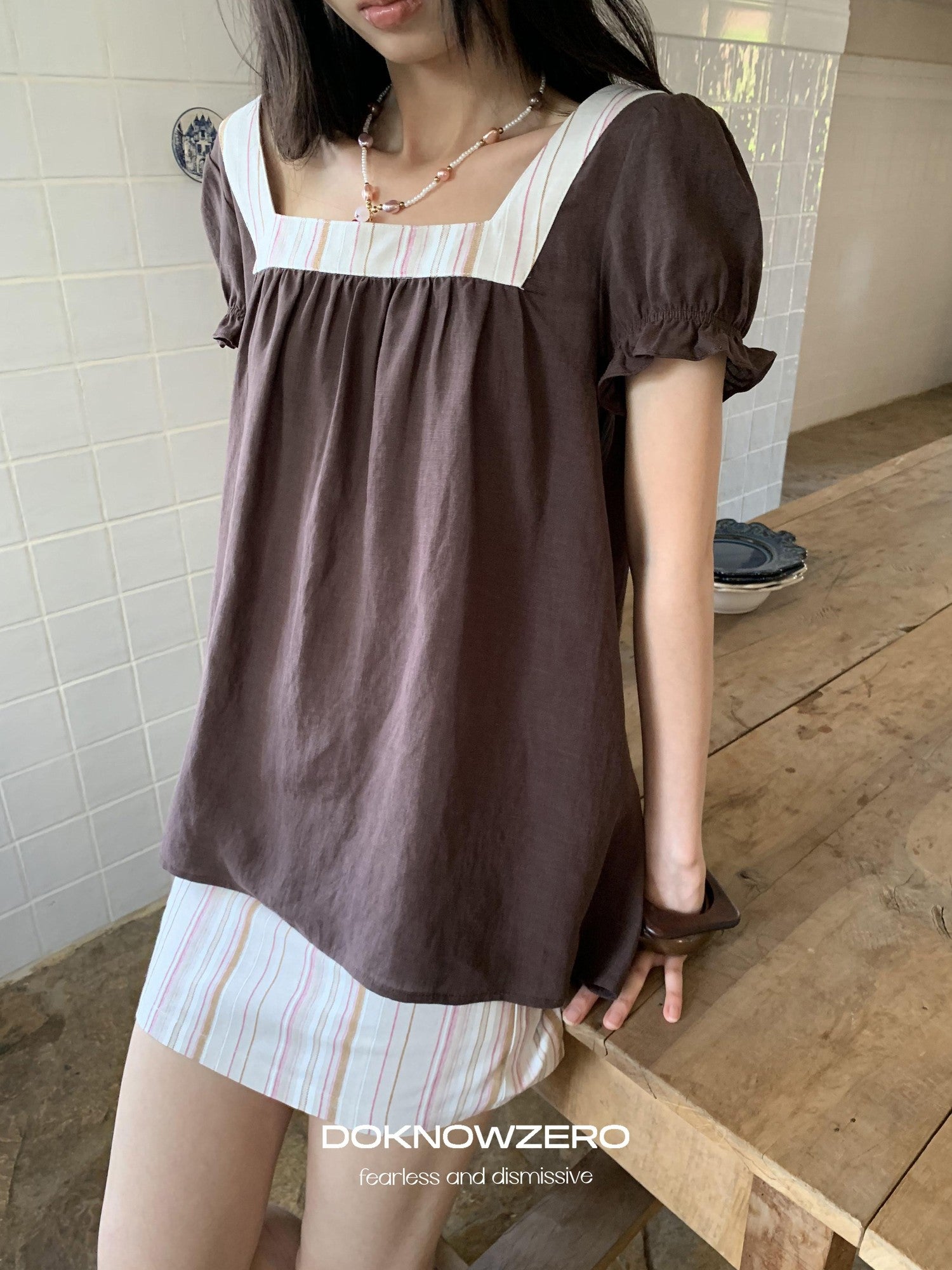 DKZ OFFICIAL Striped Patchwork Lantern Sleeve Women&