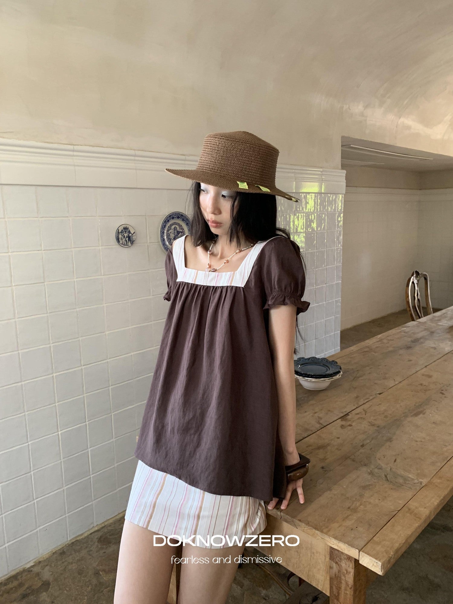 DKZ OFFICIAL Striped Patchwork Lantern Sleeve Women&
