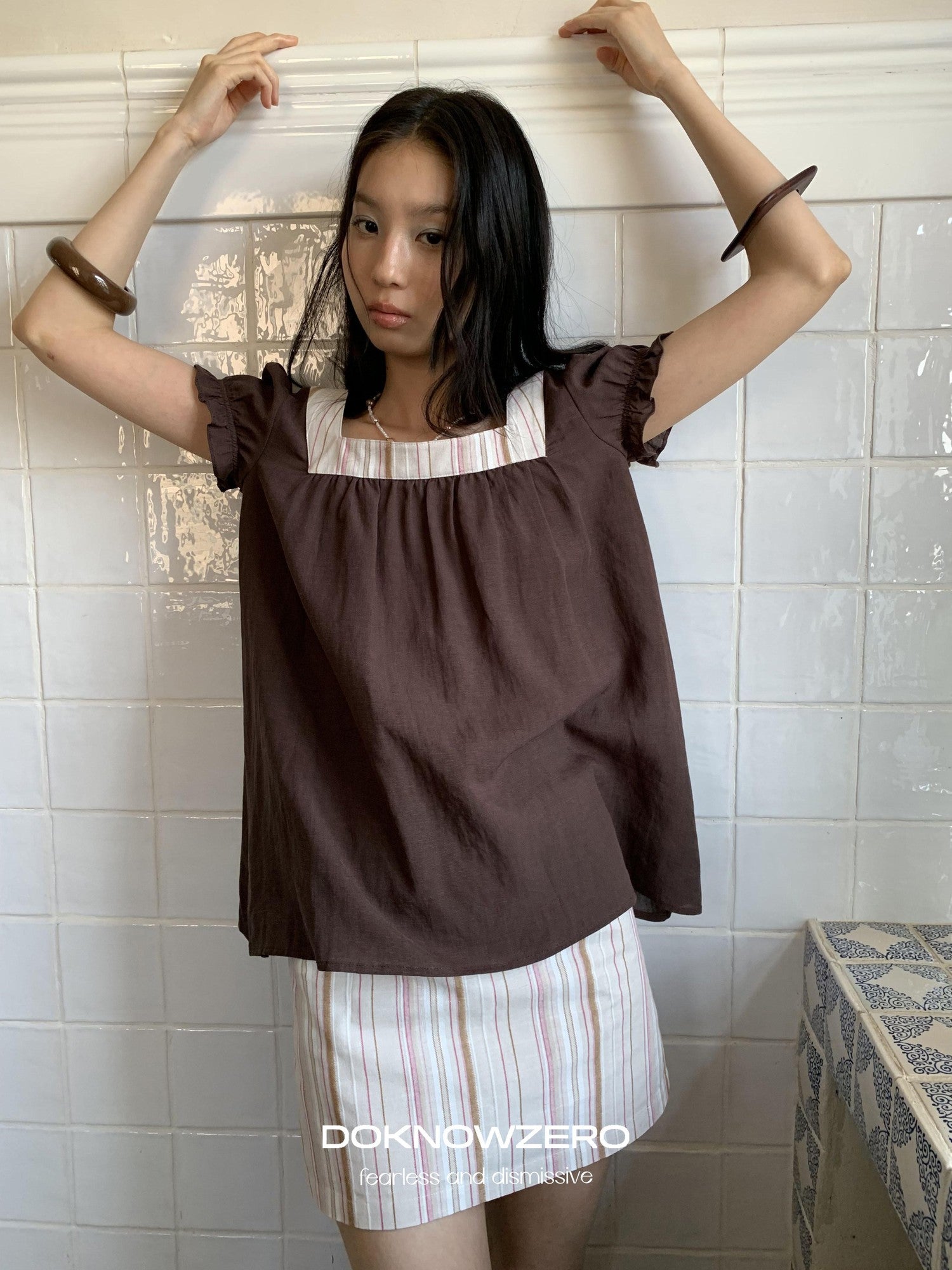 DKZ OFFICIAL Striped Patchwork Lantern Sleeve Women&